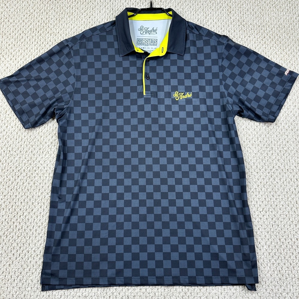 RSVLTS St Andre Golf Shirt Mens L Gray Check Breakfast Balls Performance Polo